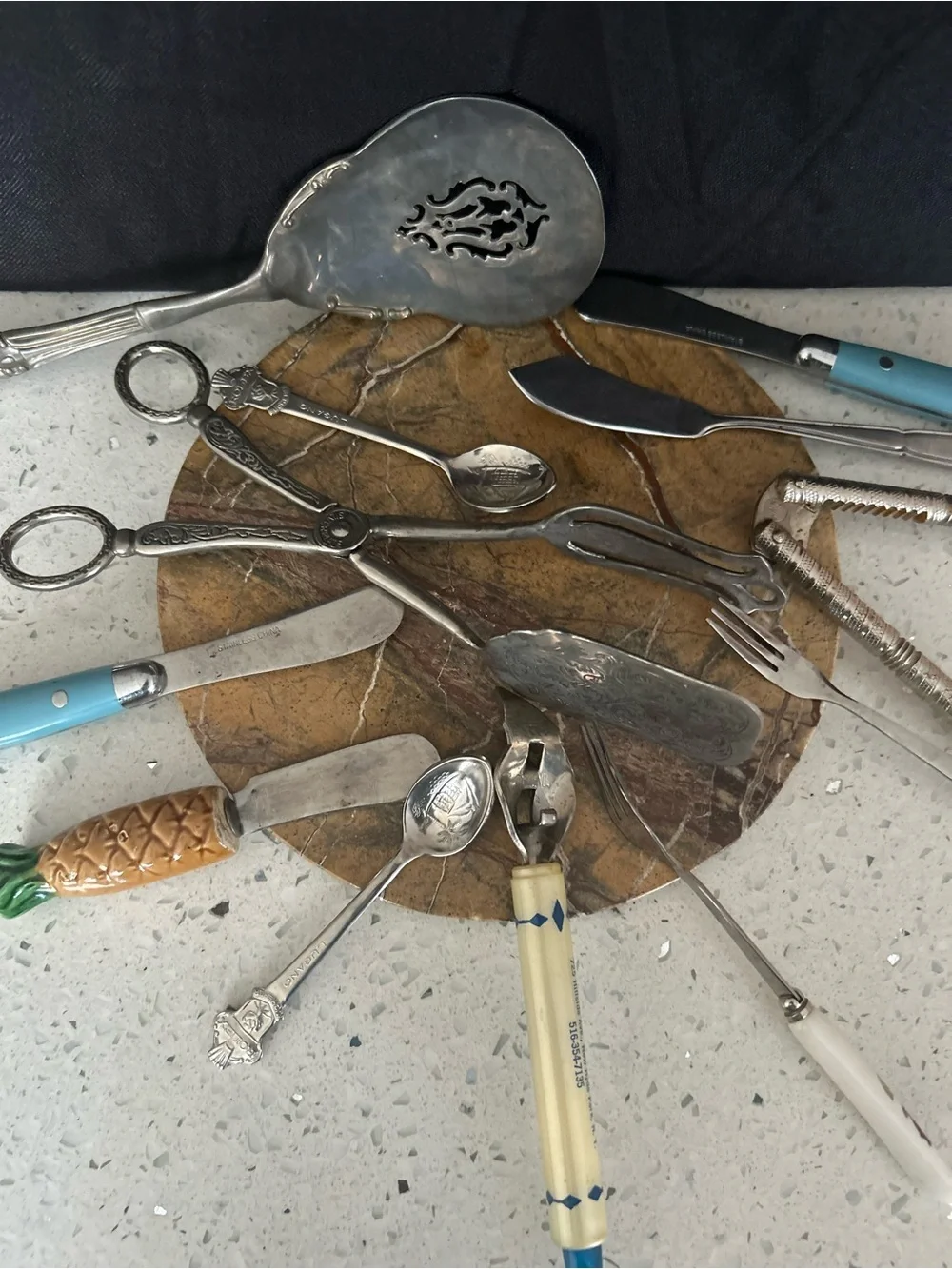 Blue-Handled Silver-Tone Kitchen Tool Set with Decorative Marble Board